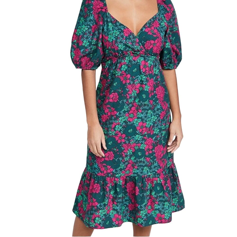 Rahi Floral Multi Color Fuchsia Teal Puff Sleeve Midi Ruffle Dress Size XS NWT